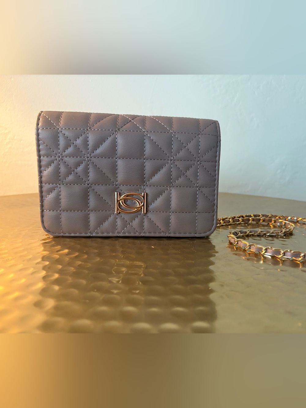 Bebe Quilted Taupe Crossbody with Gold Chain Small New Without Tags